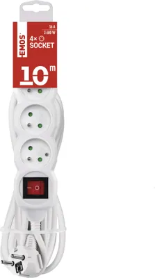 Prodlužovací kabel 10 m / 4 zásuvky / s vypínačem / bílý / PVC / 1,5 mm2