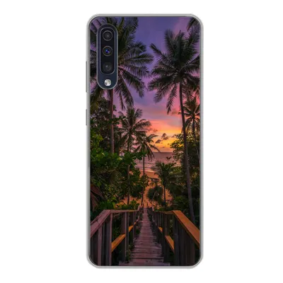Produktbild von MuchoWow® Handyhülle Schutzhülle Hülle für Samsung Galaxy A50 Sonnenuntergang - Palmen - Strand Silikon Softcase Handy Hülle - Mobiltelefonhülle