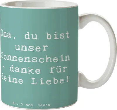 Produktbild von Mr. & Mrs. Panda Kaffeebecher Spruch Oma Sonnenschein - Meeresbrise - Geschenk, Aufmerksamkeit, herzlich, Familie, Bedanken, schöne tasse, Pott, Zuneigung, Wertschätzung