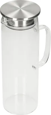 Produktbild von Glaskaraffe mit Deckel 1,5 Liter aus Borosilikatglas - Wasserkaraffe mit feiner Filterung dank Sieb - stilvolle Karaffe für Wasser, Fruchtwasser und Eistee im Alltag und Büro transparent