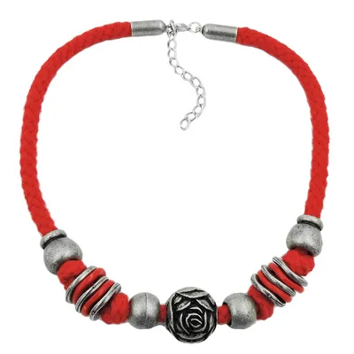 Produktbild von Kette Landhaus-Stil Kunststoffperle Rosenperle altsilber Kordel rot 42cm rot 42 cm