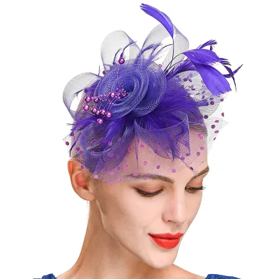 Produktbild von Perlen Dekor Dot Print Metall Clip Fascinator Hut Mesh Blume Feder Dekor Party Kopfbedeckung Haarschmuck-Dunkelviolett