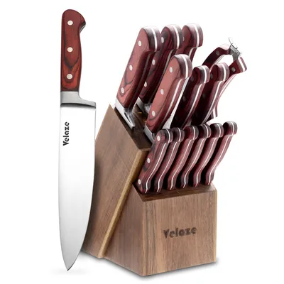 Obrázek produktu pro Sada nožů Velaze, 14dílná sada nožů s držákem na 1 nůž, kuchařský nůž z nerezové oceli, ergonomická rukojeť (hnědá)