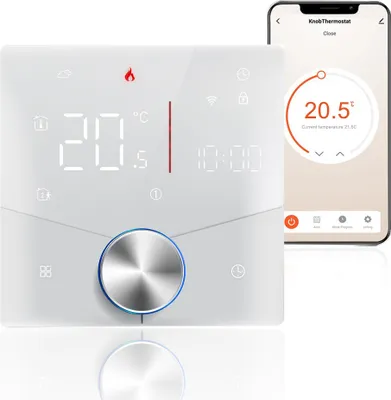 A smart thermostat and a smartphone displaying a thermostat app are shown side-by-side against a white background.