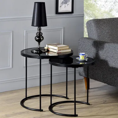Produktbild von Couchtisch LEYRE im 2er Set,runder Beistelltisch 2-Satztisch mit Glas in schwarz, Sofatisch im modernen Design
