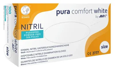 Produktbild von 10x PURACOMFORT WHITE, Nitril-Untersuchungshandschuh, puderfrei, weiß, Gr. S | Box (100 Stück)