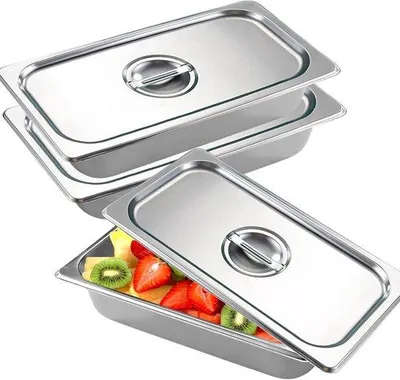 Obrázek produktu pro Sada tří nerezových nádob Unyqoos® s víky – robustní misky o rozměrech 32,5 x 17,6 cm, vhodné do kuchyně, gastronomie i domácnosti