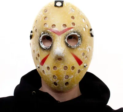 Productafbeelding van Vintage hockeymasker in Jason-stijl – Horrorkostuumaccessoire voor Halloween, carnaval en themafeesten – Uni, volledig hoofdmasker voor volwassenen