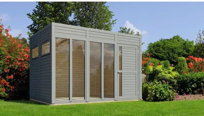 Obrázek produktu pro Dřevěný zahradní domek Bertilo Cubo 3 Office světle šedý 336 x 234 cm