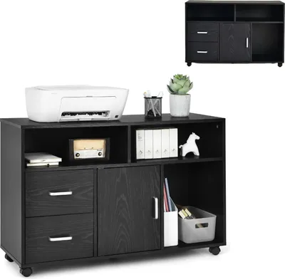 Produktbild von KOMFOTTEU Aktenschrank mit Rollen, Rollcontainer mit 2 Schubladen, 3 offenen Fächern und 1 Türschrank, Büroschrank Schwarz, Bürocontainer 104 x 35 x 65,5 cm