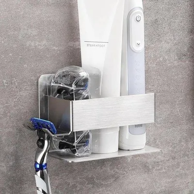 Produktbild von Edelstahl-Zahnbürstenhalter für die Wand - ohne Bohren - mit Silberfarbener Aufbewahrung aus selbstklebendem Material