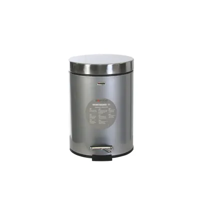 A silver pedal bin with a circular label on the front.