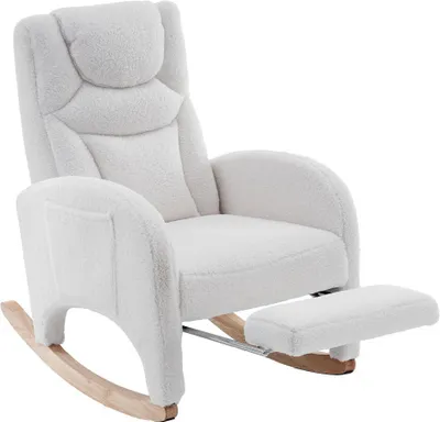 Produktbild von Schaukelstuhl Relaxsessel 66x125x101cm Weiss Wohnzimmerstuhl mit Armlehne Gepolsterter Schaukelstuhl Akzentstuhl Schlafzimmer Teddy-Stoff