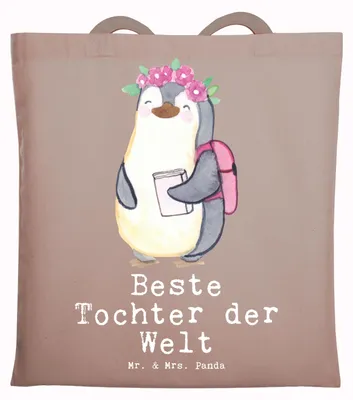 Produktbild von Mr. & Mrs. Panda Tote Bag Pinguin Beste Tochter der Welt - Braun Pastell - Geschenk, Schultasche, Kinder, Shopping Tasche, Jutebeutel, Töchter, Mutter, Familie, Uni