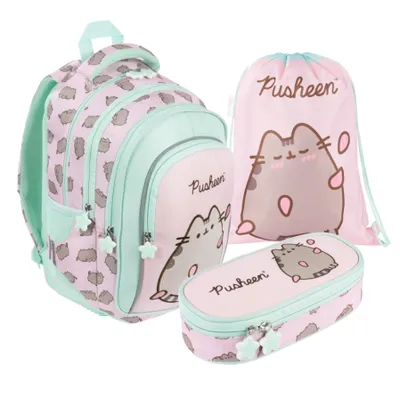 A set of three Pusheen-themed school supplies: a backpack, a drawstring bag, and a pencil case, all in pink and mint green with Pusheen cat illustrations.