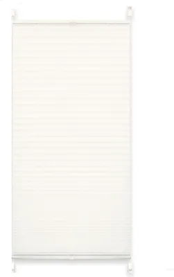 A white pleated blind or shade is shown hanging against a white background.