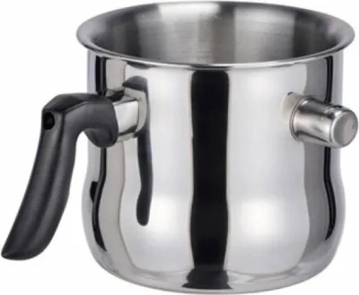 A stainless steel milk pot with a black handle is shown against a white background.