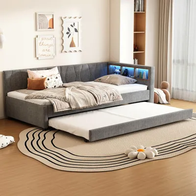 Produktbild von Tagesbett und Schlafsofa aus Leinen, mit USB+Typ C, LED-Licht, Bett mit ausziehbarem Bett und Lattenrost, ohne Matratze, Beige, 900x200cm