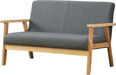 A studio shot of a two-seater sofa with a grey fabric seat and backrest, and a light wood frame.