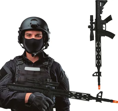 Productafbeelding van Militair carnaval kostuum, tactische geweeraccessoire, feestaccessoires, outdoor vermaak, jacht, avontuur, rollenspel, entertainment. Kleur: zwart