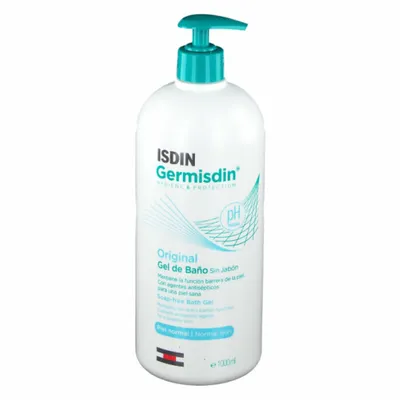 A white pump bottle of Isdin Germisdin Original Bath Gel.