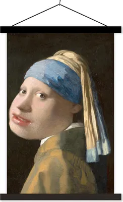 Produktbild von MuchoWow® Textilposter Das Mädchen mit dem Perlenohrring - Johannes Vermeer - Karikatur 60x90 cm mit schwarzem Rahmen - Poster Wohnzimmer