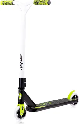 A white and black stunt scooter with green and yellow accents.