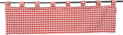 A red and white checkered valance curtain hanging on a rod.
