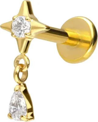 Produktbild von Ohrpiercing, Nasenpiercing Titan Labret mit Push Fit STERN + KRISTALLTROPFEN Gold Stablänge: 9mm | Stabstärke: 1,2mm