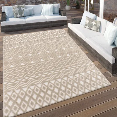 Produktbild von Outdoor Teppich Wetterfest Wohnzimmer Balkon Skandi Boho Muster 3D Effekt Beige Grösse 80x250 cm