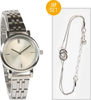 Produktbild von Miraval Damen Armbanduhr Silber mit Edelstahlarmband & weißem Zifferblatt – Quarzuhr mit Schmuck-Set, Ø 31 mm