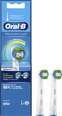 A product package for Oral-B Precision Clean toothbrush heads, with two brush heads shown next to the packaging.