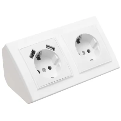 Produktbild von Ecksteckdose Steckdose und Steckdose mit USB Steckdosenblock 45° Verteilerdose weiß.