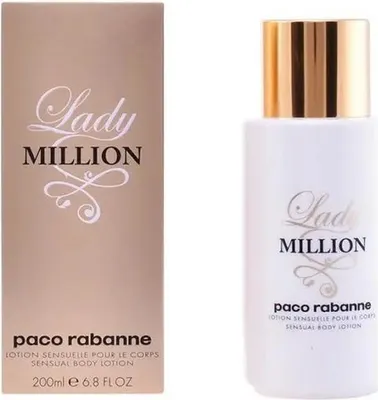 A product shot of Paco Rabanne Lady Million Sensual Body Lotion, showing both the box and the bottle.