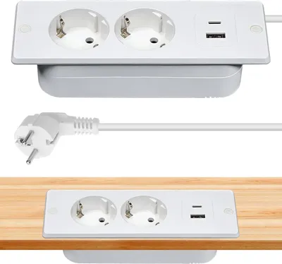 Obrázok produktu pre Doska stola – Zapustená zásuvka – Zásuvka do dosky stola s 2 USB-C portami – Dvojitá zásuvka na montáž s káblom 1,5 m