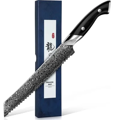 Immagine prodotto di Coltello da pane in acciaio damasco, lama con motivo a onda, manico in legno, 20 cm, acciaio ad alto tenore di carbonio
