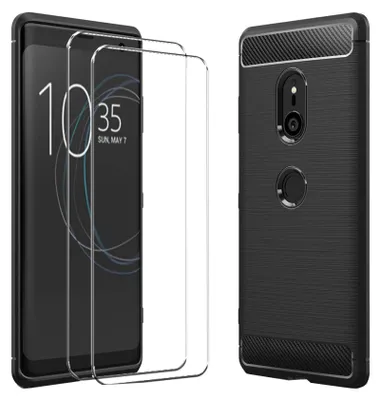 A smartphone with a screen displaying the time and date, next to a clear protective case and a black protective case.