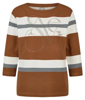 Produktbild von Rabe T-Shirt Braun Gr. 44 mit funkelndem Steinmotiv, 3/4-Ärmel & überschnittener Schulter