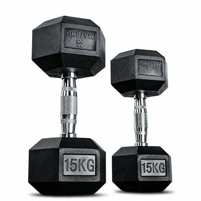 Produktbild von Matchu Sports Kurzhantel Set 2 × 15 kg – Hexagon Hanteln mit Gummibeschichtung und gerändelten Chromgriffen – Schwarz