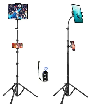 Image de Support mural pour tablette, hauteur 185 cm, avec bras articulé de type "cygne" et télécommande Bluetooth, compatible avec les appareils de 3,5 à 15 pouces