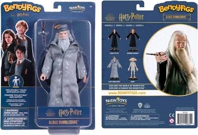 The image shows the front and back packaging of a Harry Potter Albus Dumbledore BendyFigs collectible figure.