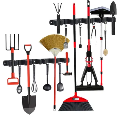 Produktbild von 2 Stück Besenhalterung Wand, 10 Halter + 8 Haken Edelstahl Gerätehalter, Selbstklebend Gartengerätehalter and Besenhalter, Schwarz Wandhalterung Aufhängung Gartengeräte für Besen,Halterung Gartengerät
