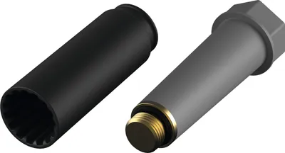 A black cylindrical object with internal grooves and a gray cylindrical object with a hexagonal head and a threaded end are shown side-by-side against a white background.