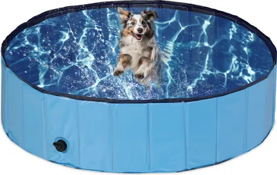 Immagine prodotto di Piscina per cani Relaxdays, A x P: 30 x 120 cm, pieghevole, con valvola di scarico, piscina per cani per rinfrescarsi, PVC e MDF, blu