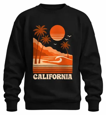Imagen del producto de Sudadera con cuello redondo, estilo retro, con motivos de palmeras, atardecer y surf, diseño de la costa oeste, color , talla XL