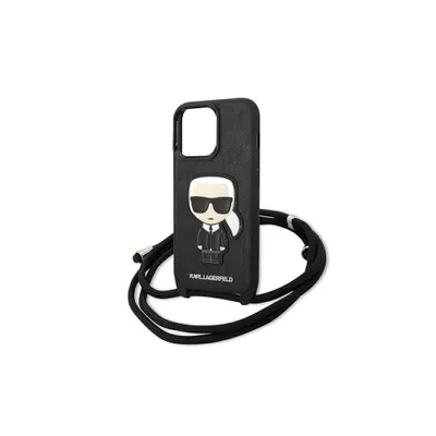 A black iPhone case with a Karl Lagerfeld icon and a black cord is displayed against a white background.