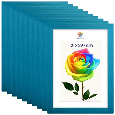 Produktbild von MG Design 10er Set Bilderrahmen Türkis A4 21x29,7 cm - Echtholzrahmen mit Acrylglas, hoch/quer, zum Aufhängen & Aufstellen