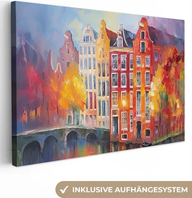 Produktbild von MuchoWow® - Leinwandbilder - Grachtenhäuser - Kunst - Malerei - Amsterdam, Wandbild, Wanddeko Bilder Wohnzimmer, 120x80 cm