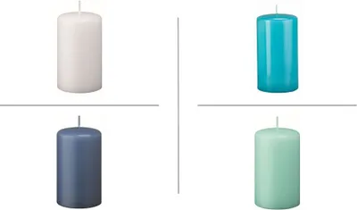 Produktbild von Stumpenkerzen Farbsystem D in der Größe 80/50 mm (H x D), 16 Stück (je 4 Kerzen in der Farbe weiß - türkis - ocean - jeans)