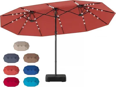Image de Parapluie double avec éclairage LED, protection UV 50+, parasol avec pied, grand parasol pour balcon (470 x 280 cm), parasol de jardin avec manivelle et 12 baleines, parasol de marché ovale (avec pied, couleur orange)